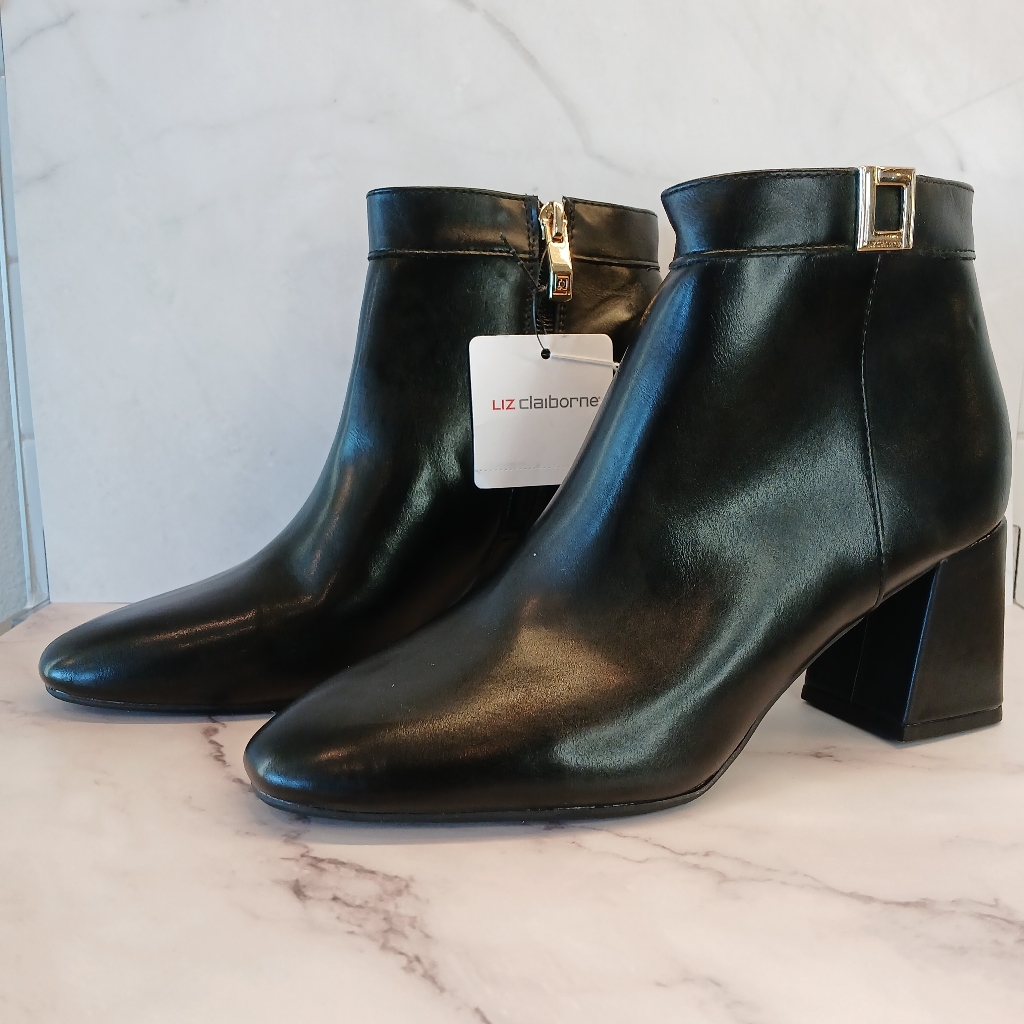 Liz Claiborne Macomb Black Booties Size 6m Side Zip Vegan Leather Chunky Heel